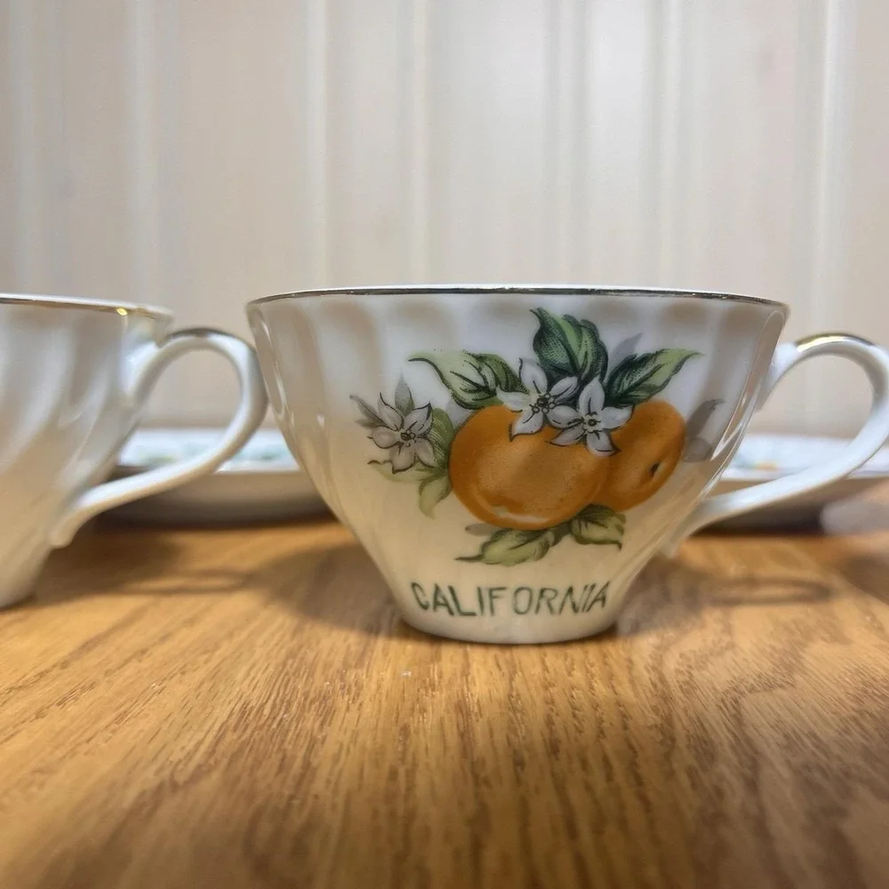VTG SET of 3 'California' E W Princess Tea Cups Saucer Hand Painted Oranges Gold